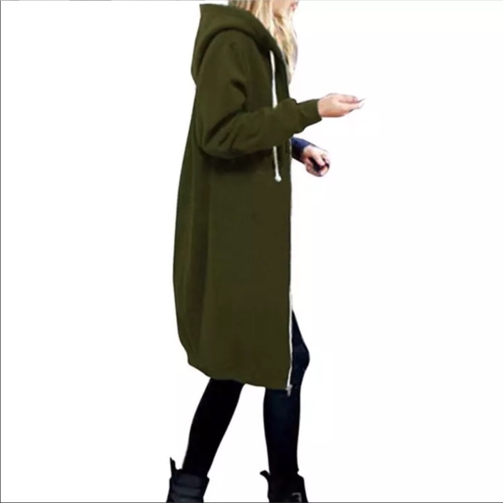 1 Left!  Olive Green Long Maxi Hoodie ZIP Sweater - Picture 6 of 8